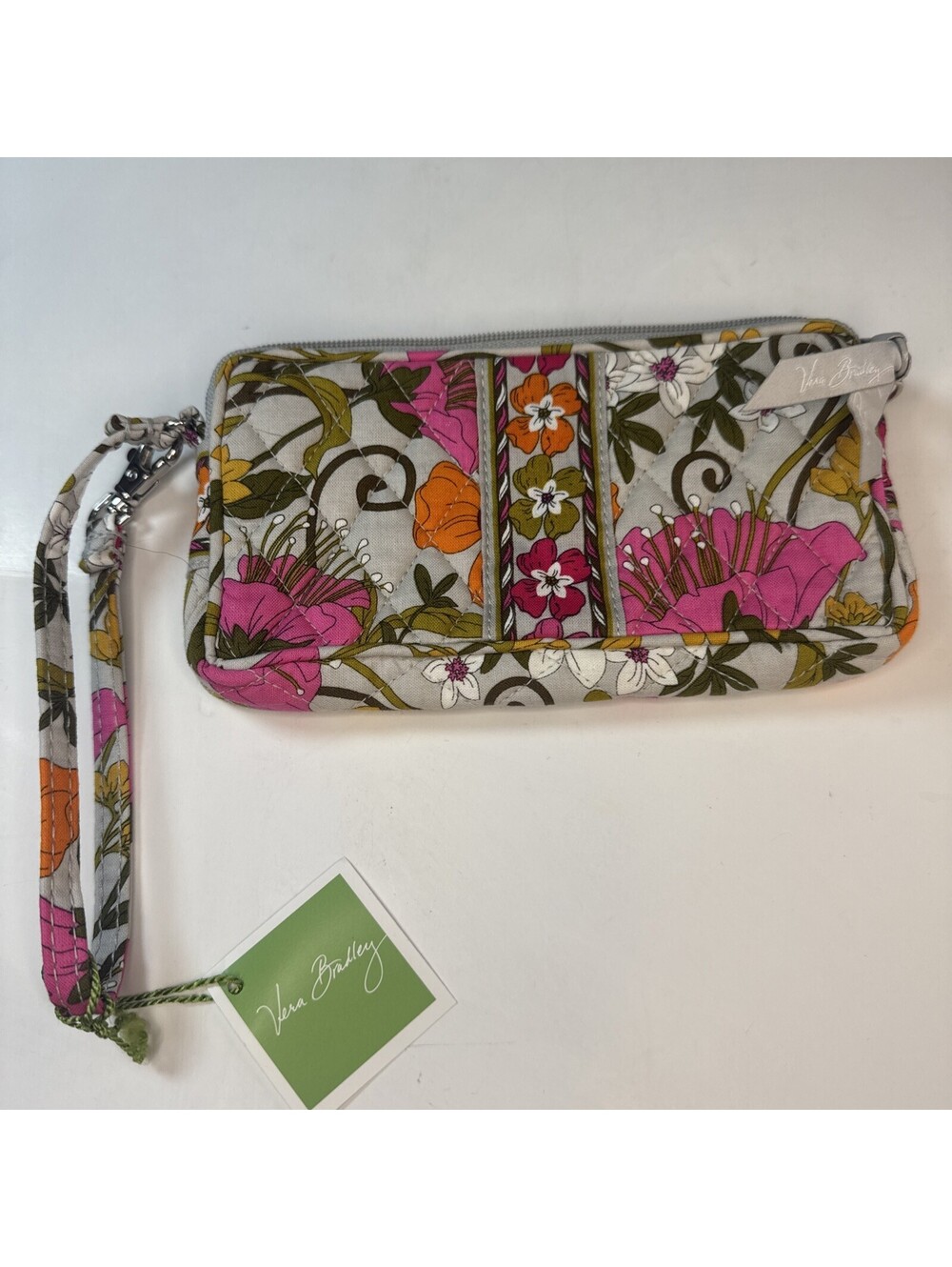 Vera Bradley Floral Pattern Wristlet Pouch Gray, Pink, Green Quilted 7x4”